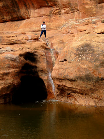 Shauna admires a waterfall and pond.