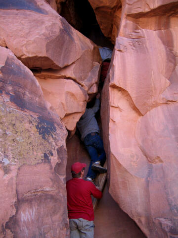 Scrambling up the crack.